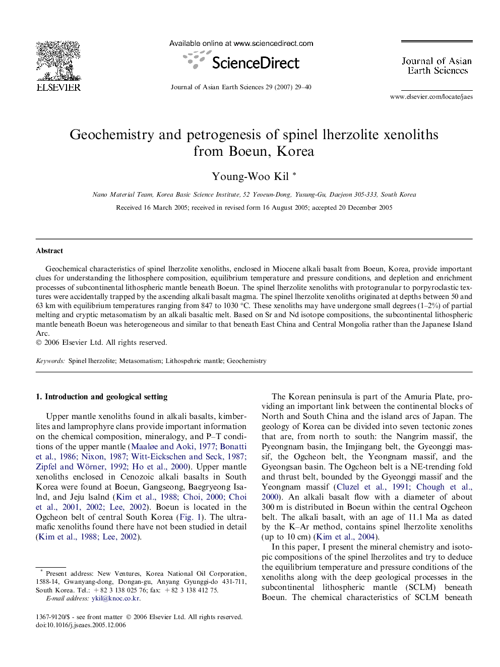 Geochemistry and petrogenesis of spinel lherzolite xenoliths from Boeun, Korea