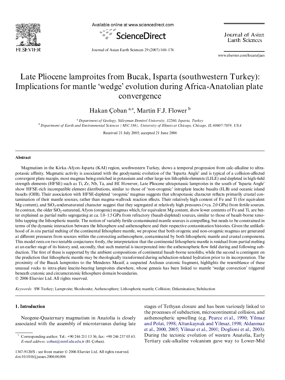 Late Pliocene lamproites from Bucak, Isparta (southwestern Turkey): Implications for mantle 'wedge' evolution during Africa-Anatolian plate convergence