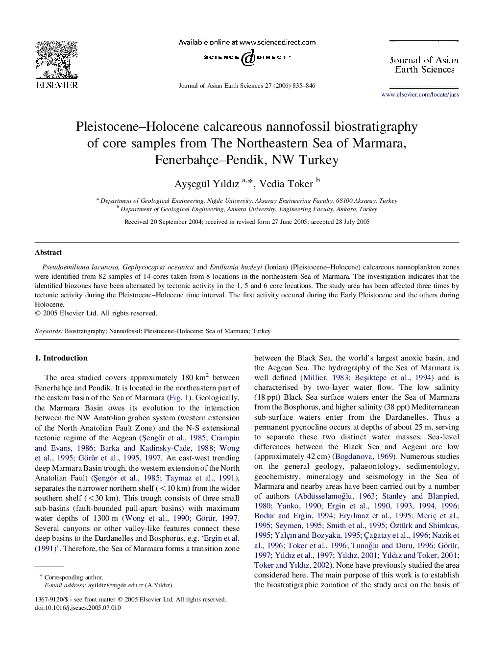 Pleistocene–Holocene calcareous nannofossil biostratigraphy of core samples from The Northeastern Sea of Marmara, Fenerbahçe–Pendik, NW Turkey