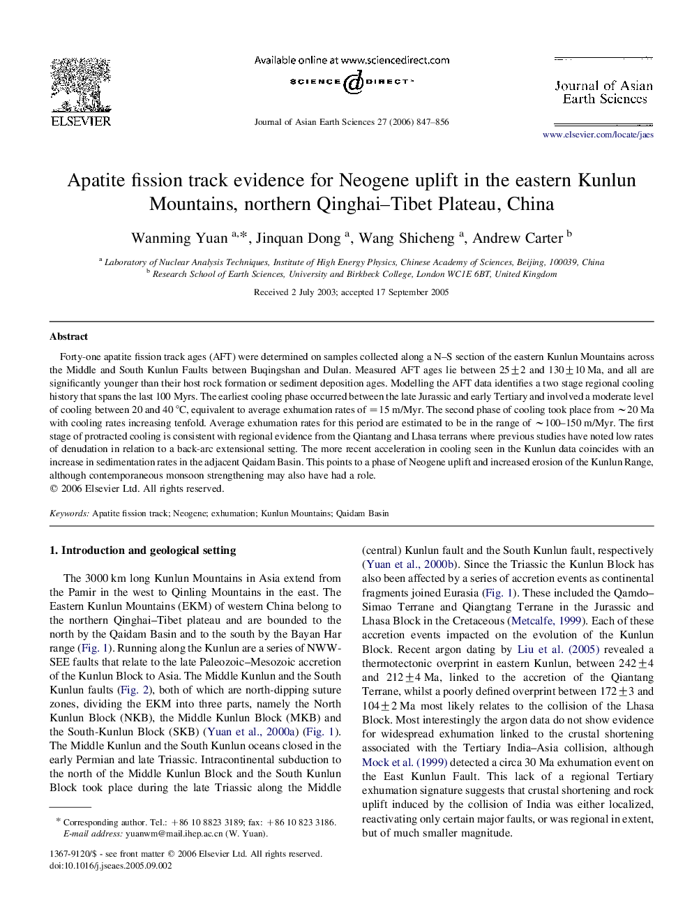 Apatite fission track evidence for Neogene uplift in the eastern Kunlun Mountains, northern Qinghai-Tibet Plateau, China