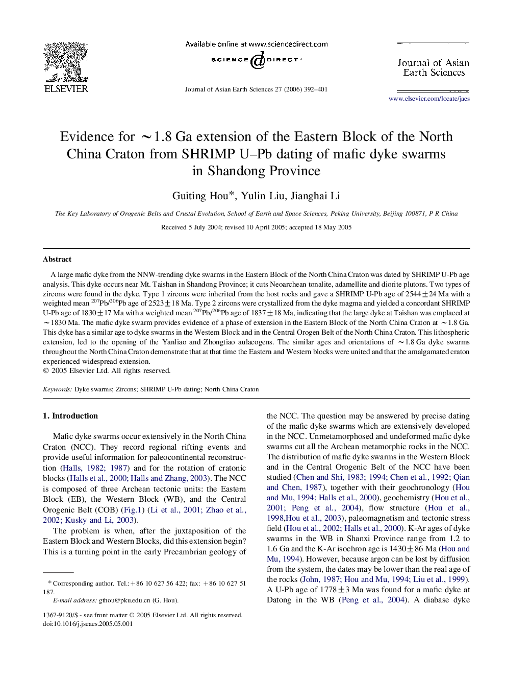 Evidence for ∼1.8 Ga extension of the Eastern Block of the North China Craton from SHRIMP U–Pb dating of mafic dyke swarms in Shandong Province