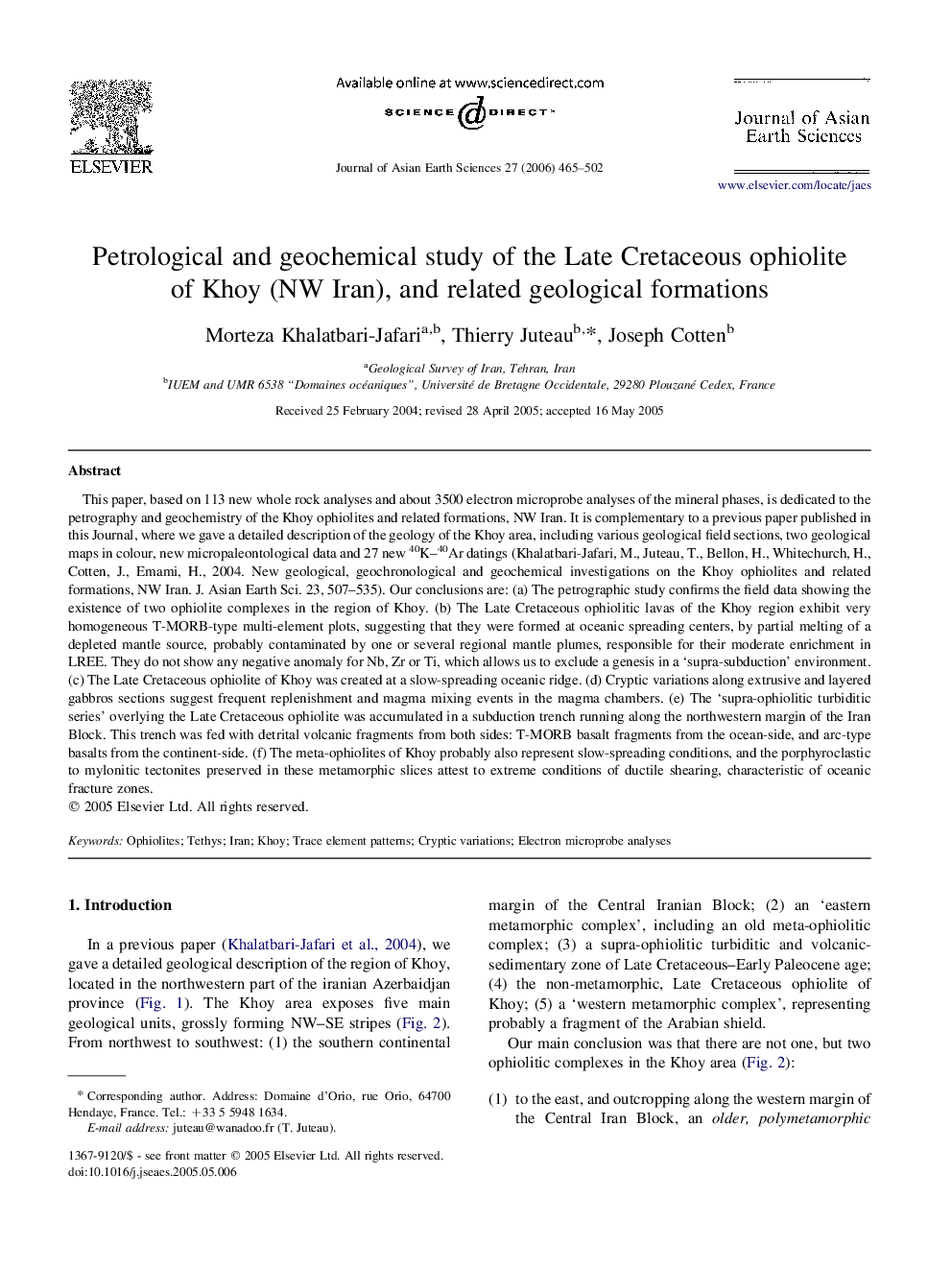 Petrological and geochemical study of the Late Cretaceous ophiolite of Khoy (NW Iran), and related geological formations