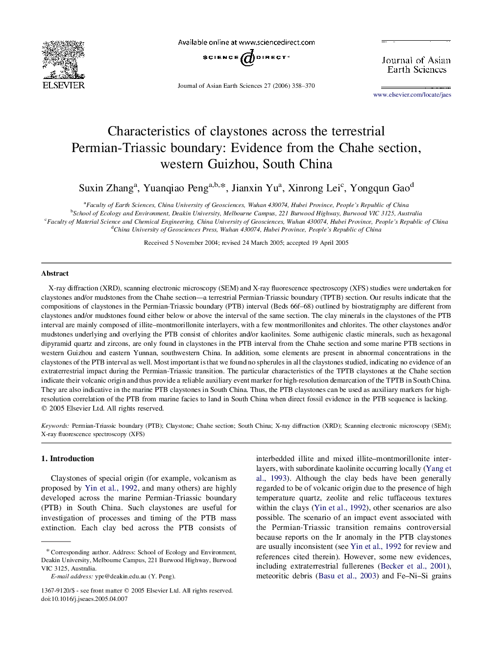 Characteristics of claystones across the terrestrial Permian-Triassic boundary: Evidence from the Chahe section, western Guizhou, South China