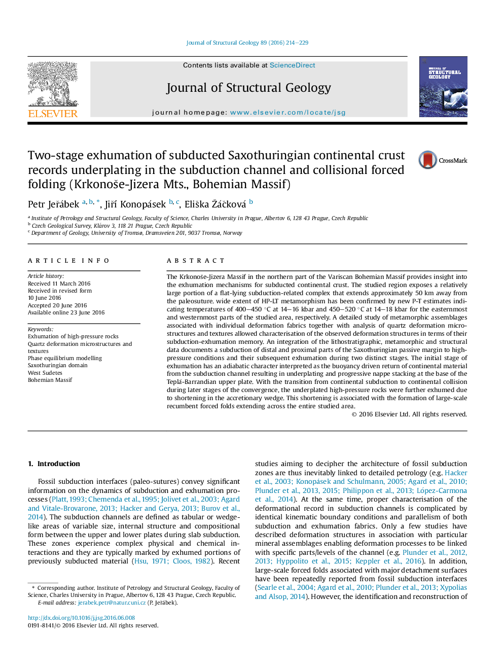 Two-stage exhumation of subducted Saxothuringian continental crust records underplating in the subduction channel and collisional forced folding (Krkonoše-Jizera Mts., Bohemian Massif)