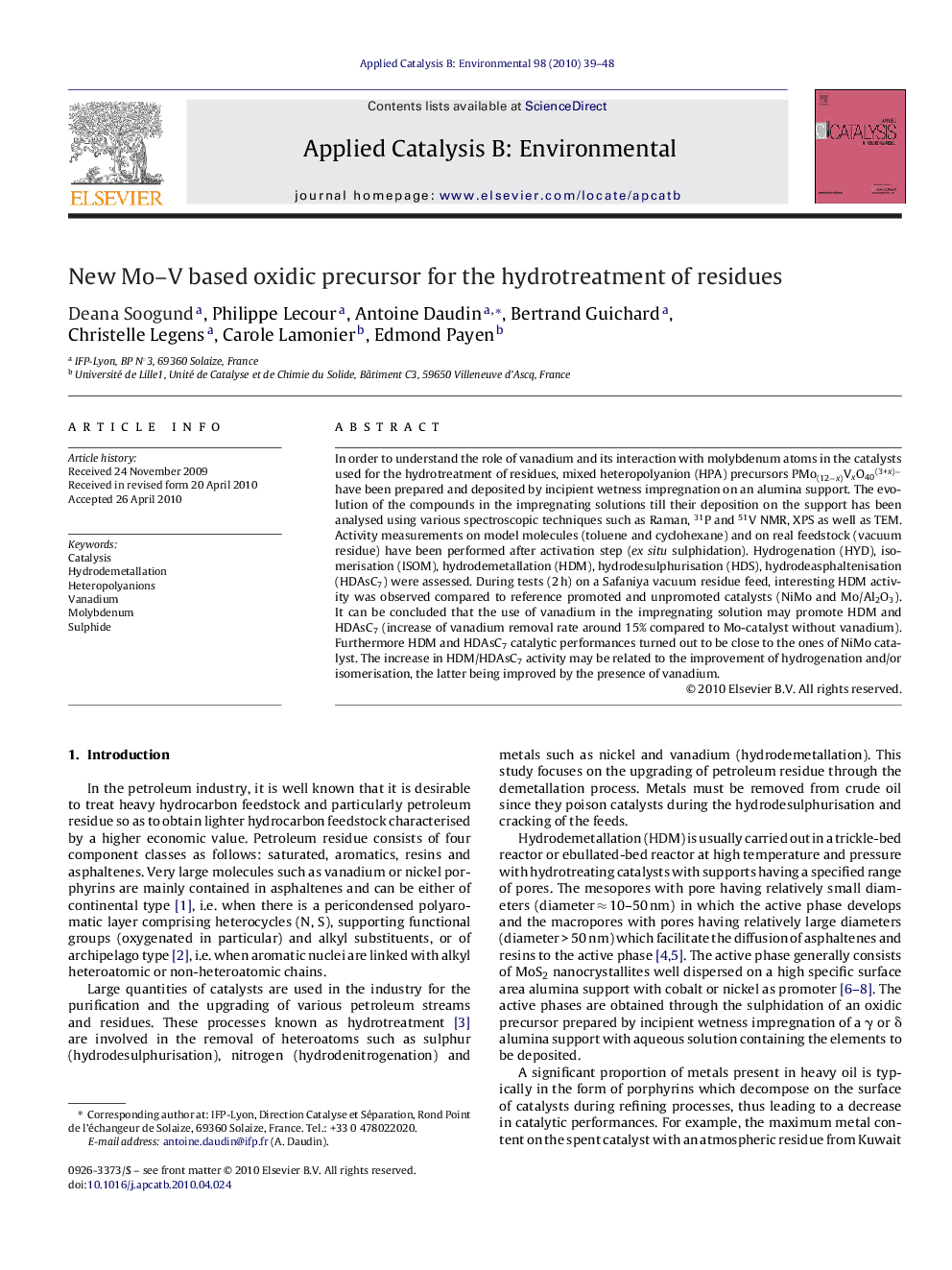 New Mo–V based oxidic precursor for the hydrotreatment of residues