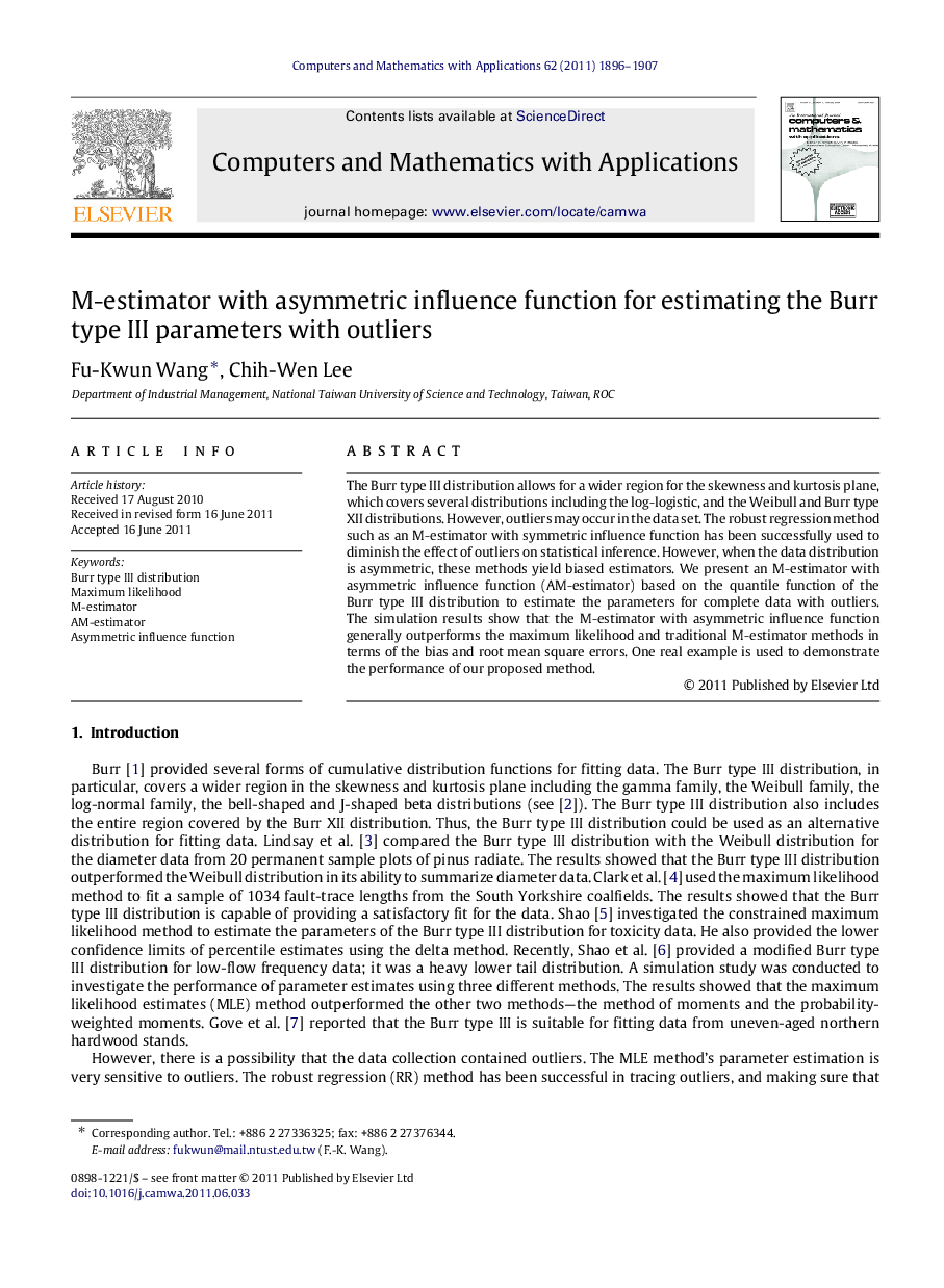 M-estimator with asymmetric influence function for estimating the Burr type III parameters with outliers