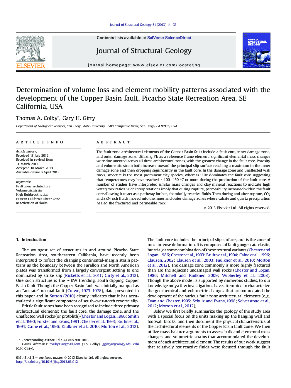 Determination of volume loss and element mobility patterns associated with the development of the Copper Basin fault, Picacho State Recreation Area, SE California, USA
