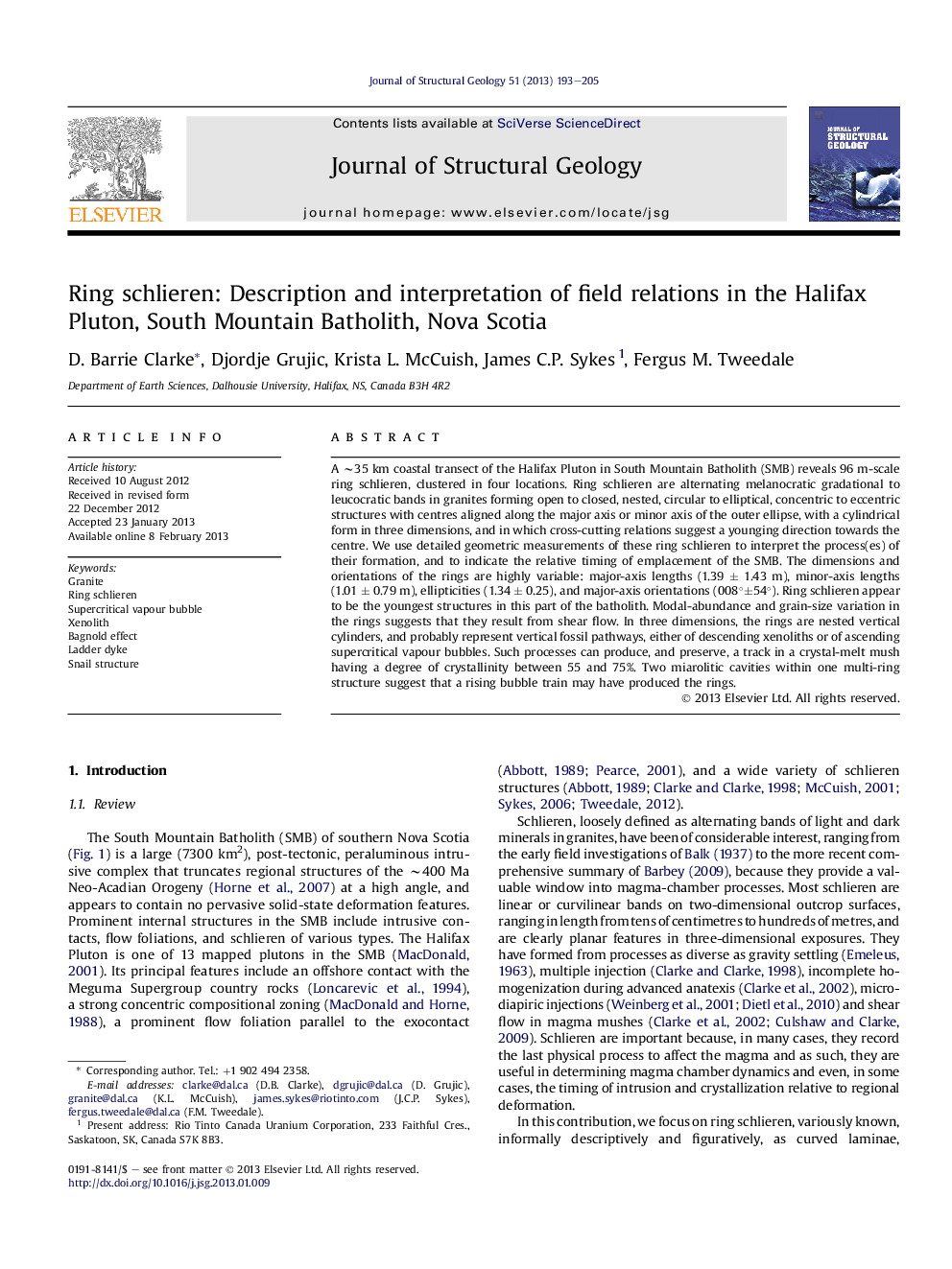 Ring schlieren: Description and interpretation of field relations in the Halifax Pluton, South Mountain Batholith, Nova Scotia