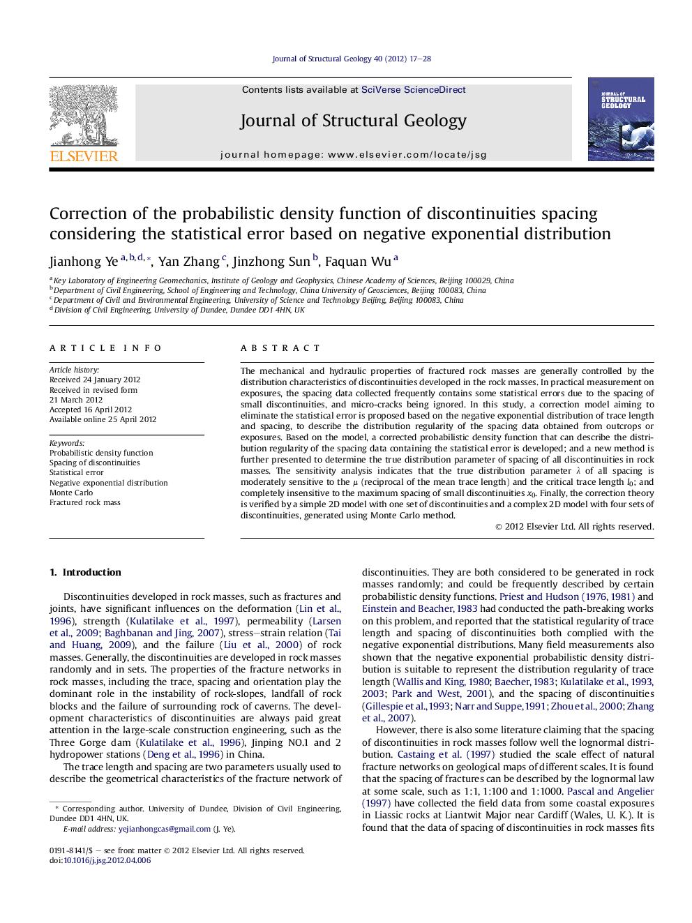 Correction of the probabilistic density function of discontinuities spacing considering the statistical error based on negative exponential distribution