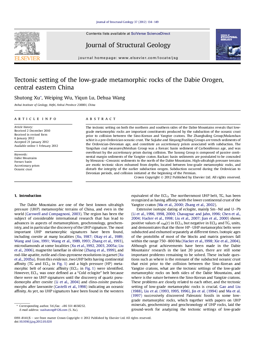 Tectonic setting of the low-grade metamorphic rocks of the Dabie Orogen, central eastern China