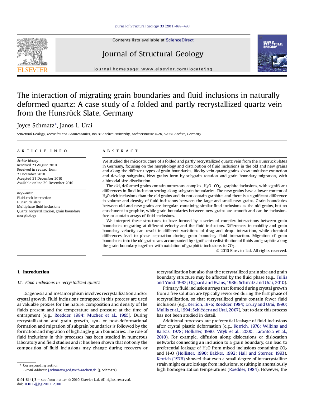 The interaction of migrating grain boundaries and fluid inclusions in naturally deformed quartz: A case study of a folded and partly recrystallized quartz vein from the Hunsrück Slate, Germany