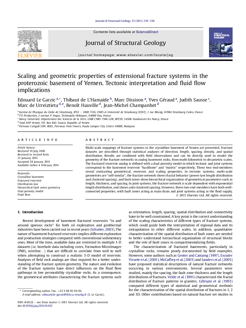 Scaling and geometric properties of extensional fracture systems in the proterozoic basement of Yemen. Tectonic interpretation and fluid flow implications