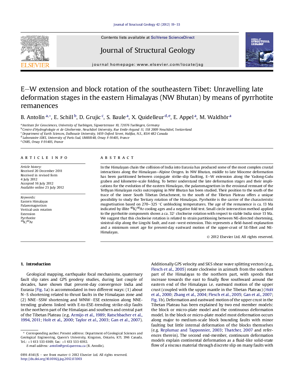 E–W extension and block rotation of the southeastern Tibet: Unravelling late deformation stages in the eastern Himalayas (NW Bhutan) by means of pyrrhotite remanences