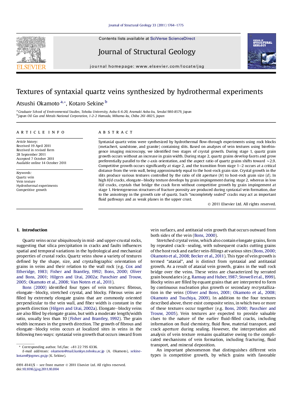 Textures of syntaxial quartz veins synthesized by hydrothermal experiments