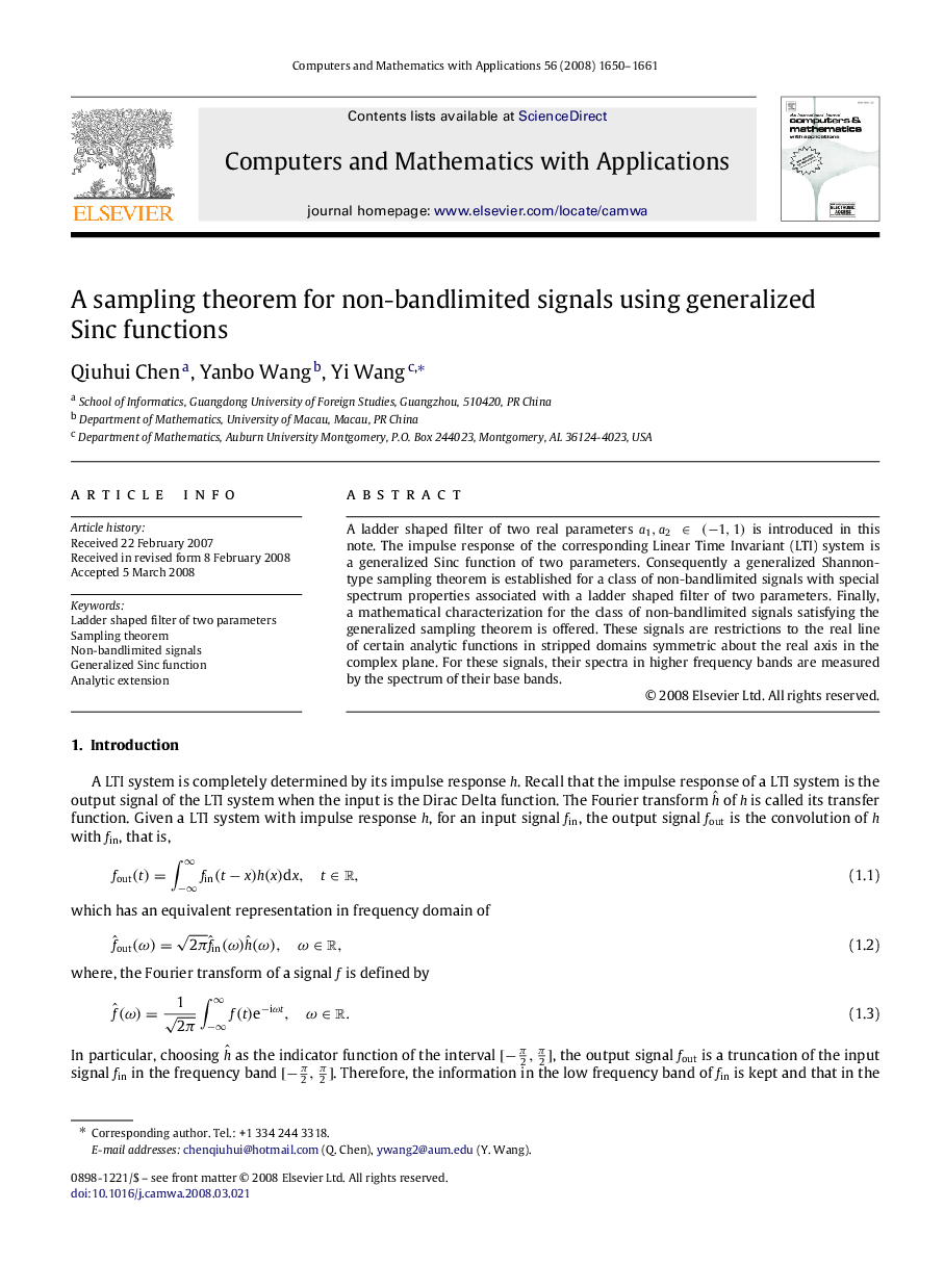 A sampling theorem for non-bandlimited signals using generalized Sinc functions