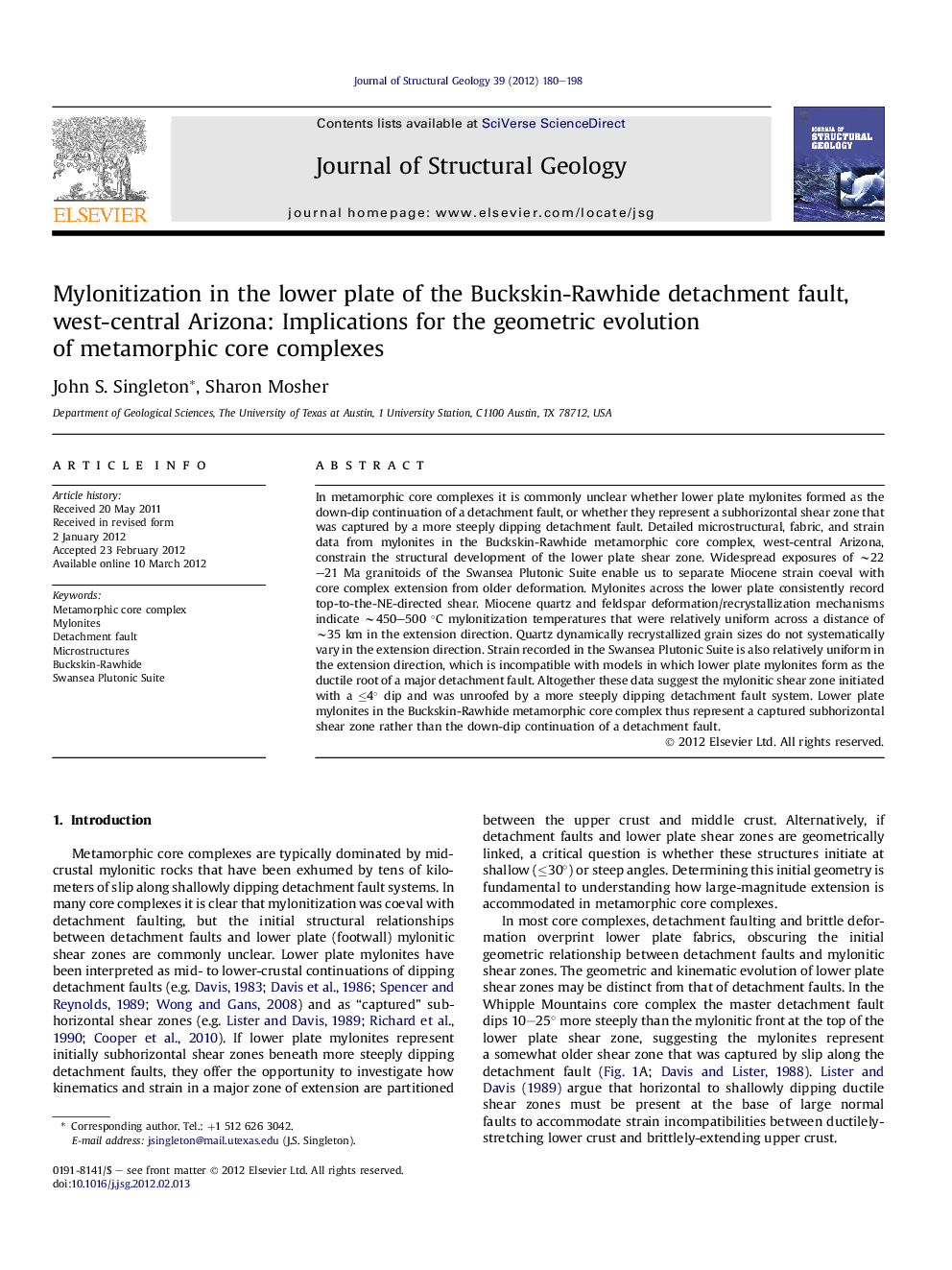 Mylonitization in the lower plate of the Buckskin-Rawhide detachment fault, west-central Arizona: Implications for the geometric evolution of metamorphic core complexes