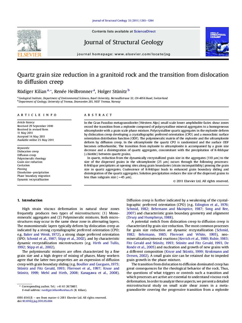 Quartz grain size reduction in a granitoid rock and the transition from dislocation to diffusion creep