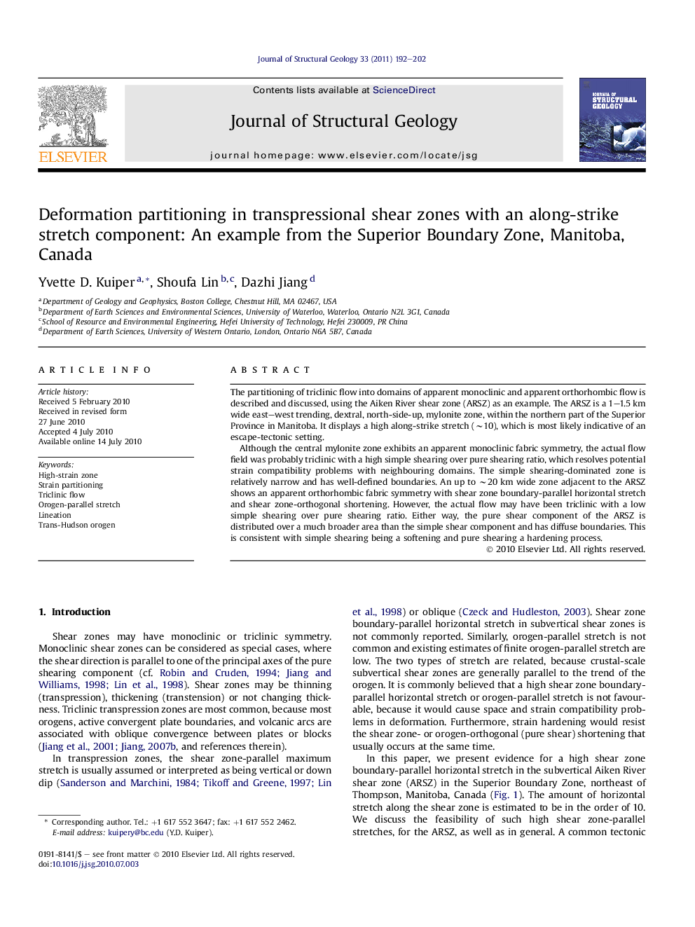 Deformation partitioning in transpressional shear zones with an along-strike stretch component: An example from the Superior Boundary Zone, Manitoba, Canada