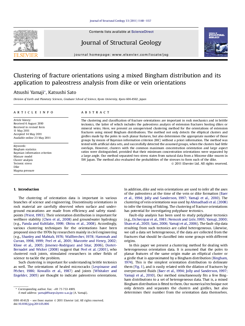 Clustering of fracture orientations using a mixed Bingham distribution and its application to paleostress analysis from dike or vein orientations