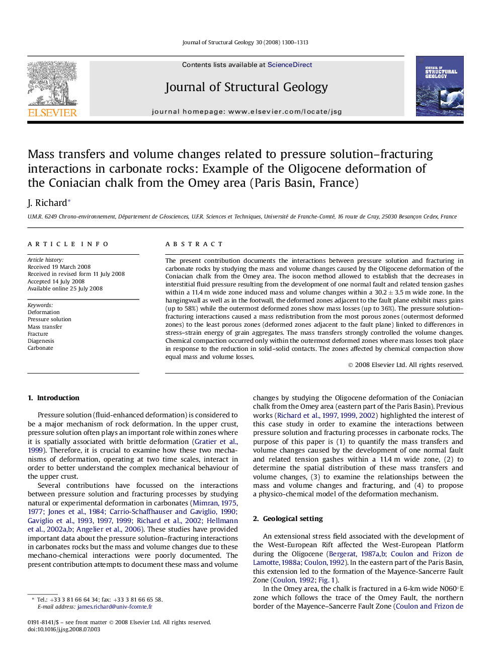 Mass transfers and volume changes related to pressure solution–fracturing interactions in carbonate rocks: Example of the Oligocene deformation of the Coniacian chalk from the Omey area (Paris Basin, France)