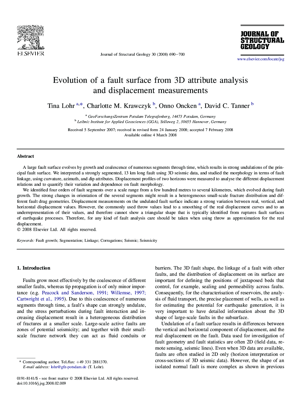 Evolution of a fault surface from 3D attribute analysis and displacement measurements