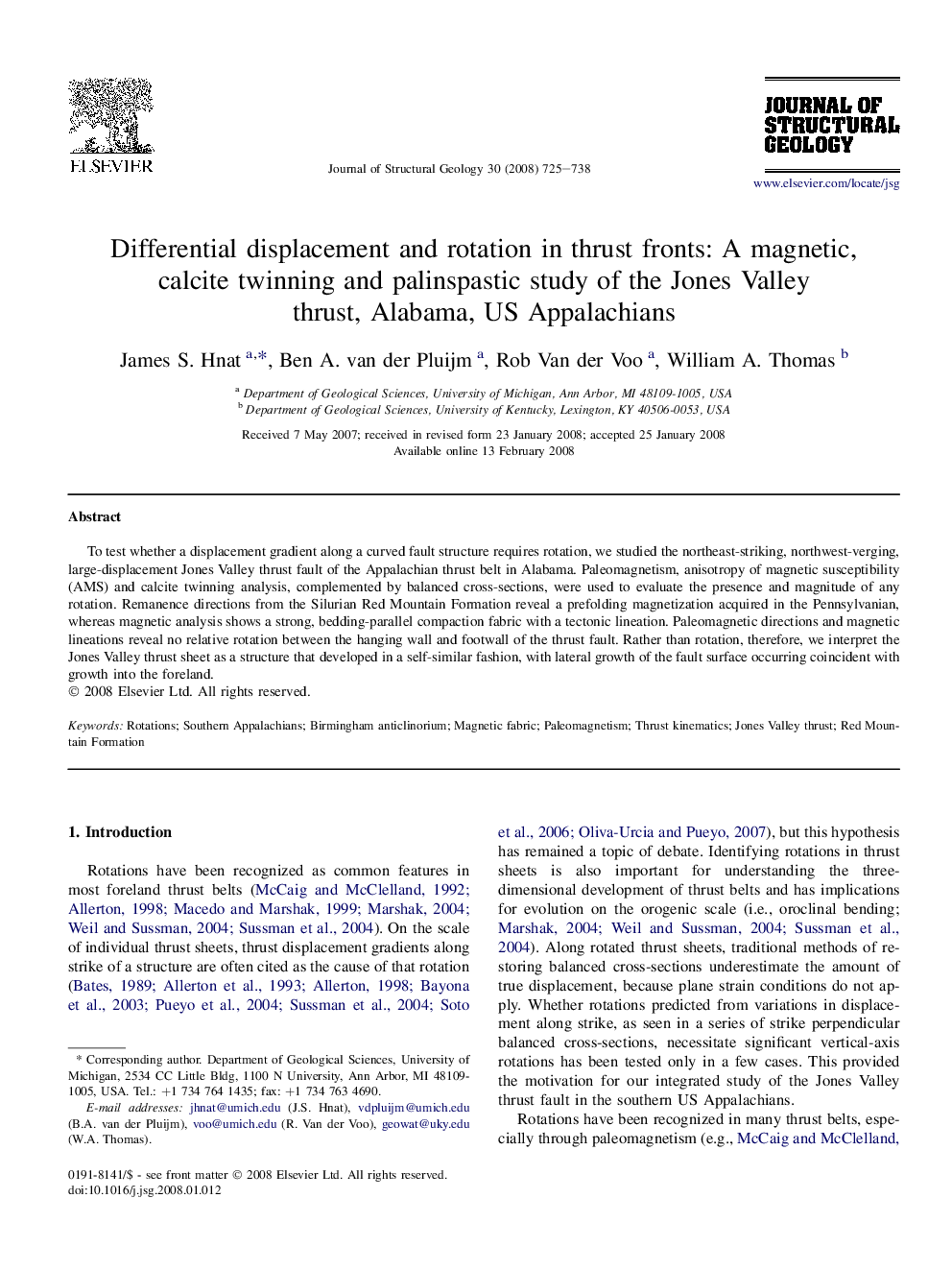 Differential displacement and rotation in thrust fronts: A magnetic, calcite twinning and palinspastic study of the Jones Valley thrust, Alabama, US Appalachians