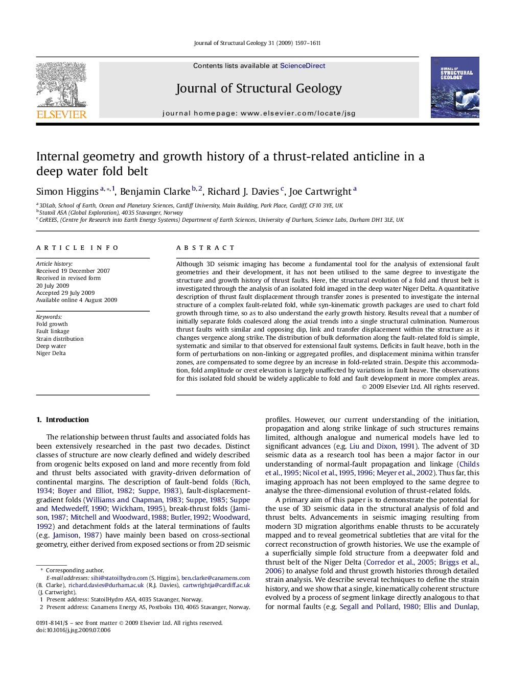 Internal geometry and growth history of a thrust-related anticline in a deep water fold belt