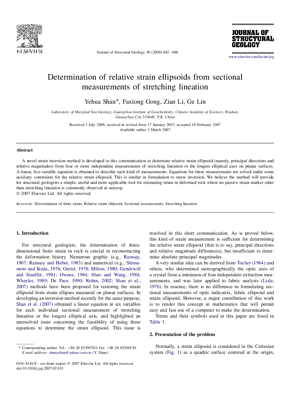 Determination of relative strain ellipsoids from sectional measurements of stretching lineation