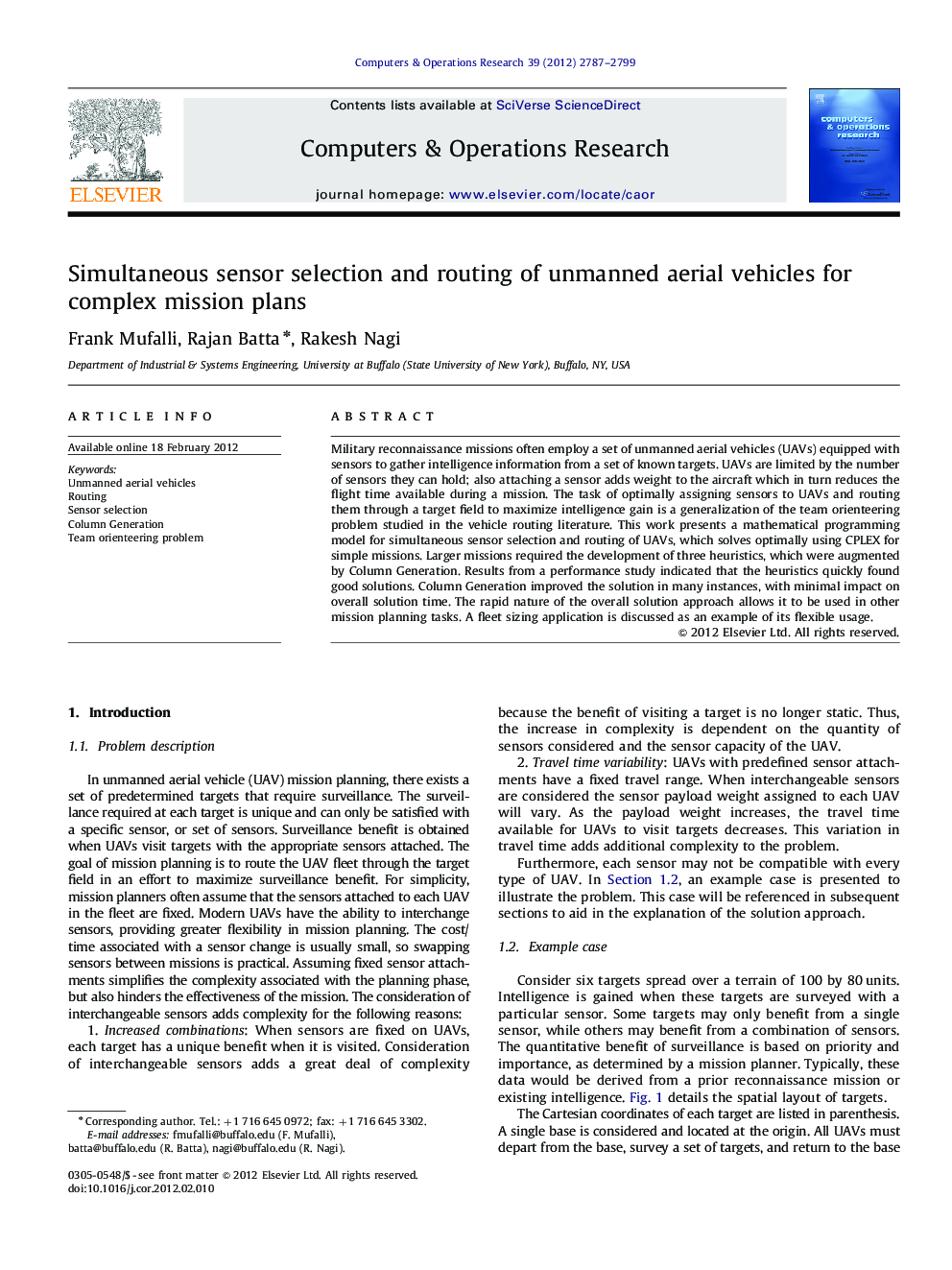 Simultaneous sensor selection and routing of unmanned aerial vehicles for complex mission plans