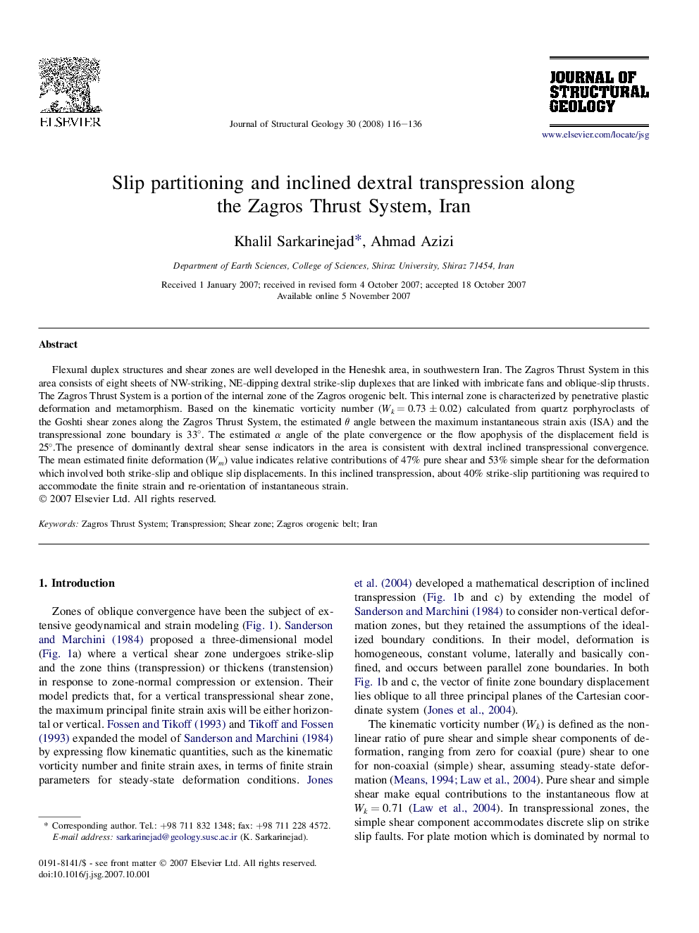 Slip partitioning and inclined dextral transpression along the Zagros Thrust System, Iran