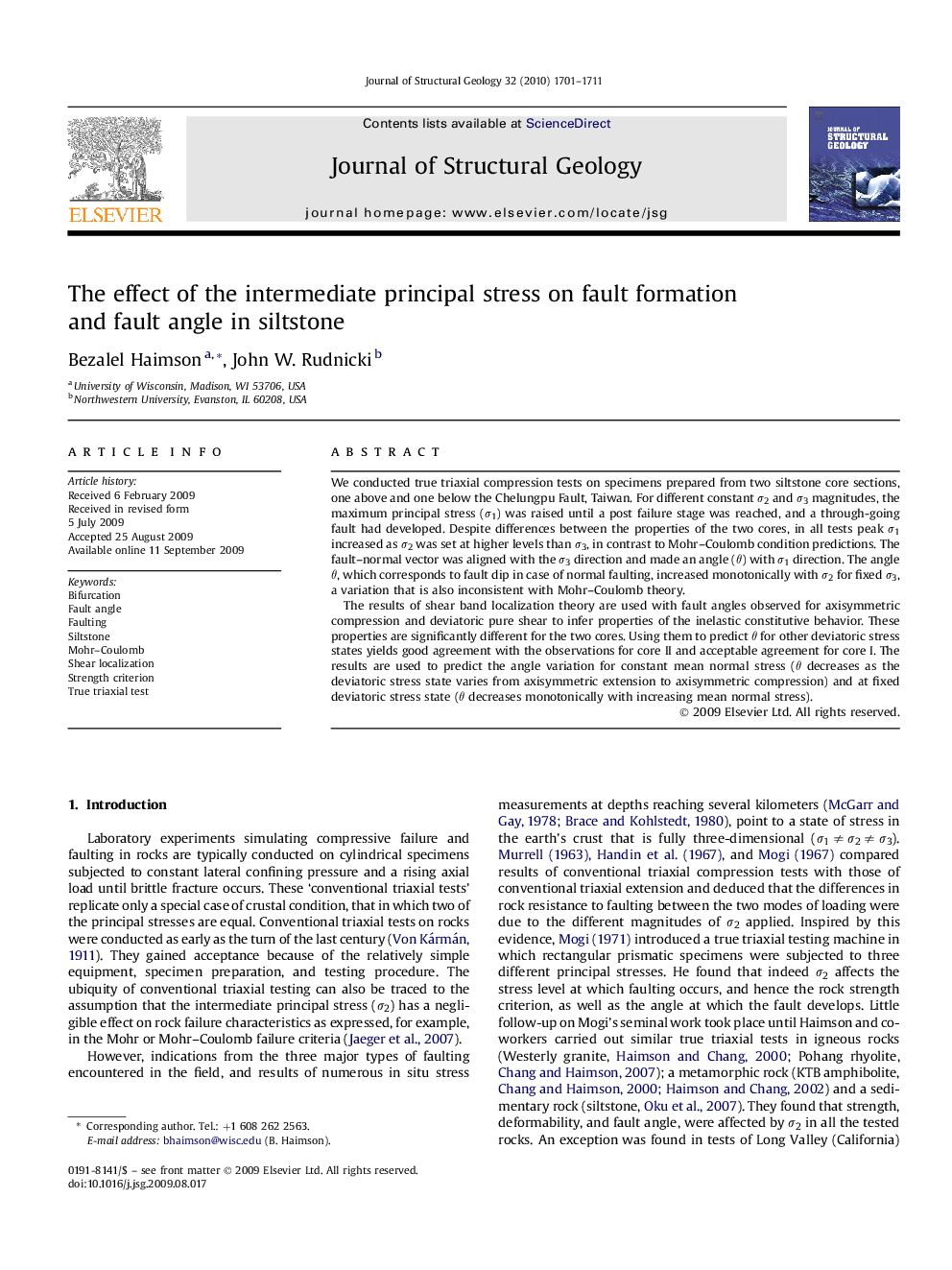 The effect of the intermediate principal stress on fault formation and fault angle in siltstone