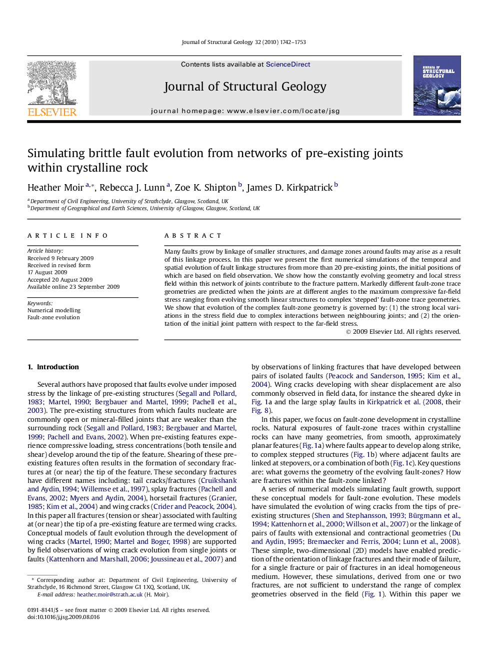 Simulating brittle fault evolution from networks of pre-existing joints within crystalline rock