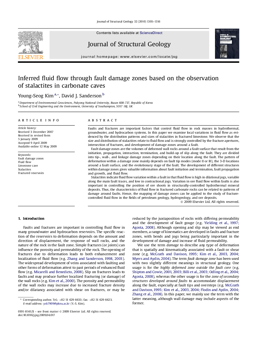 Inferred fluid flow through fault damage zones based on the observation of stalactites in carbonate caves