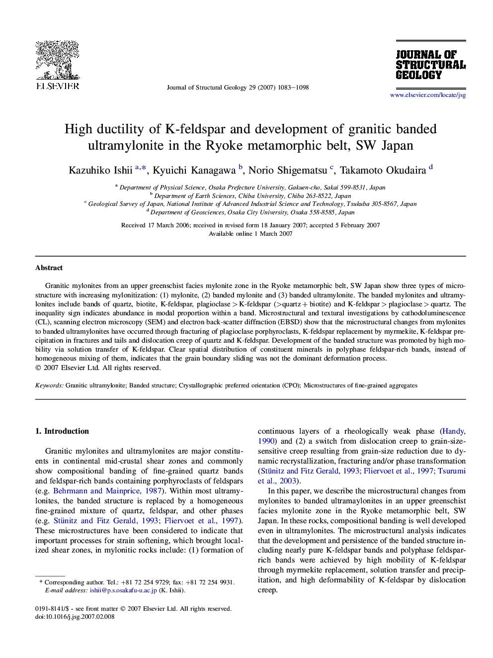 High ductility of K-feldspar and development of granitic banded ultramylonite in the Ryoke metamorphic belt, SW Japan