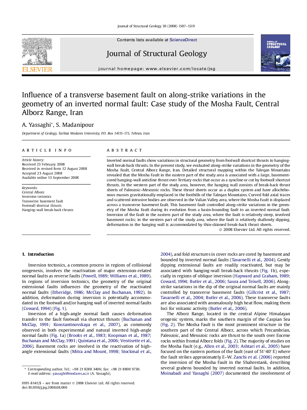 Influence of a transverse basement fault on along-strike variations in the geometry of an inverted normal fault: Case study of the Mosha Fault, Central Alborz Range, Iran