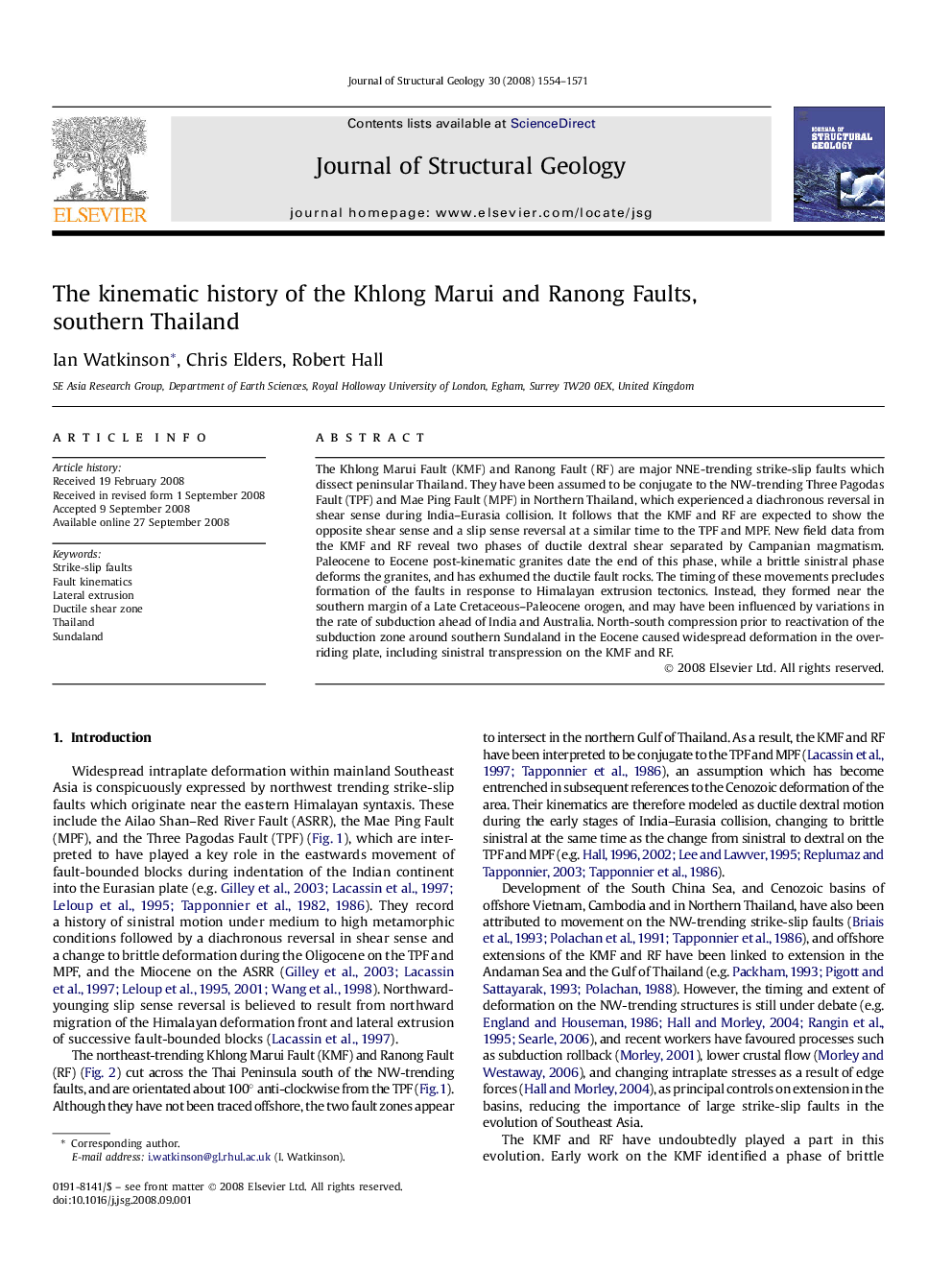 The kinematic history of the Khlong Marui and Ranong Faults, southern Thailand