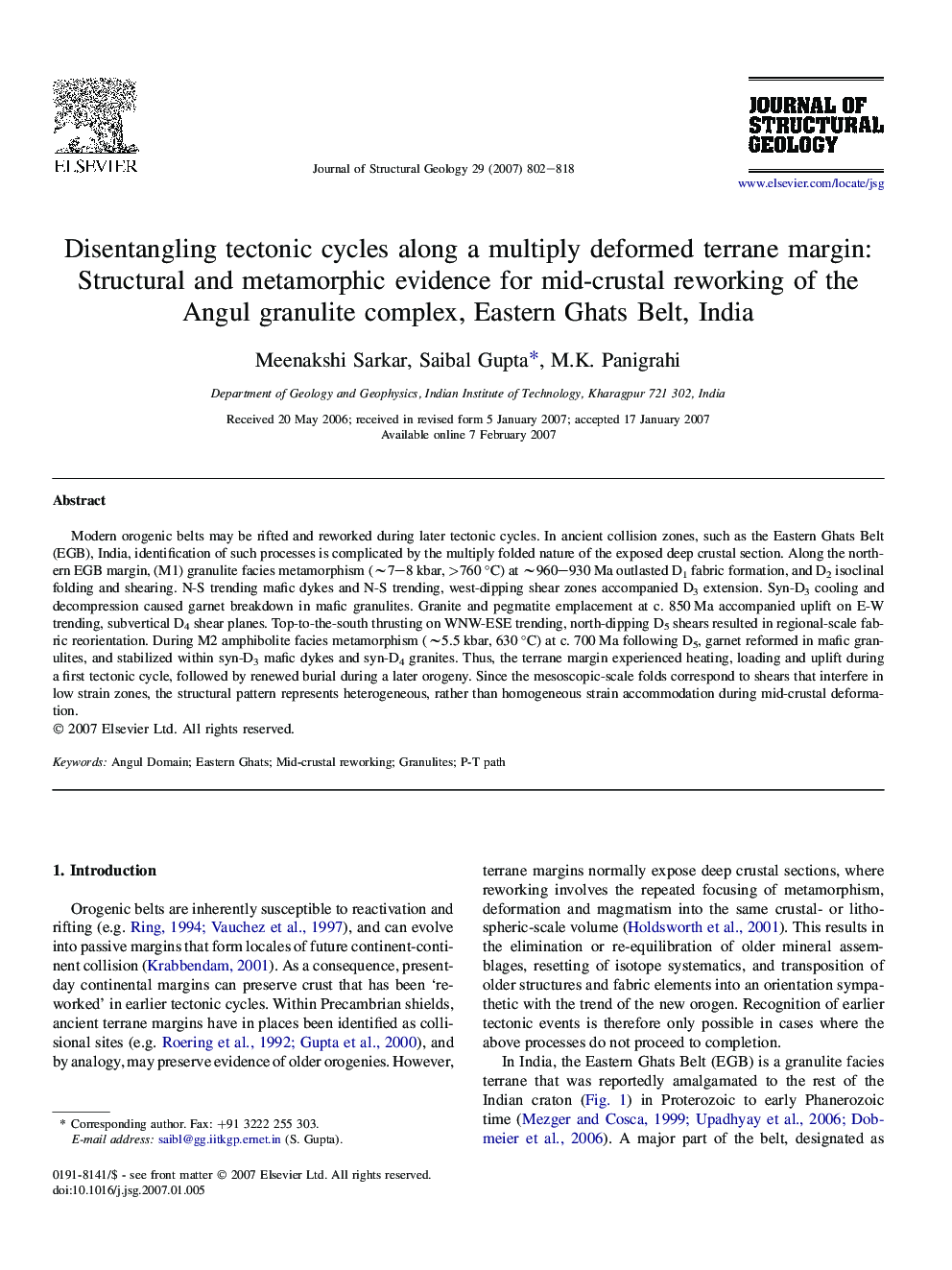 Disentangling tectonic cycles along a multiply deformed terrane margin: Structural and metamorphic evidence for mid-crustal reworking of the Angul granulite complex, Eastern Ghats Belt, India