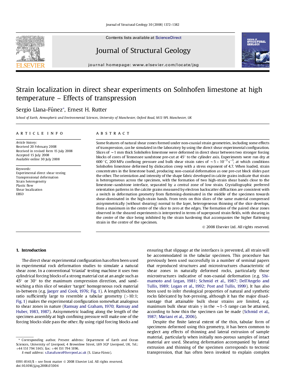 Strain localization in direct shear experiments on Solnhofen limestone at high temperature – Effects of transpression