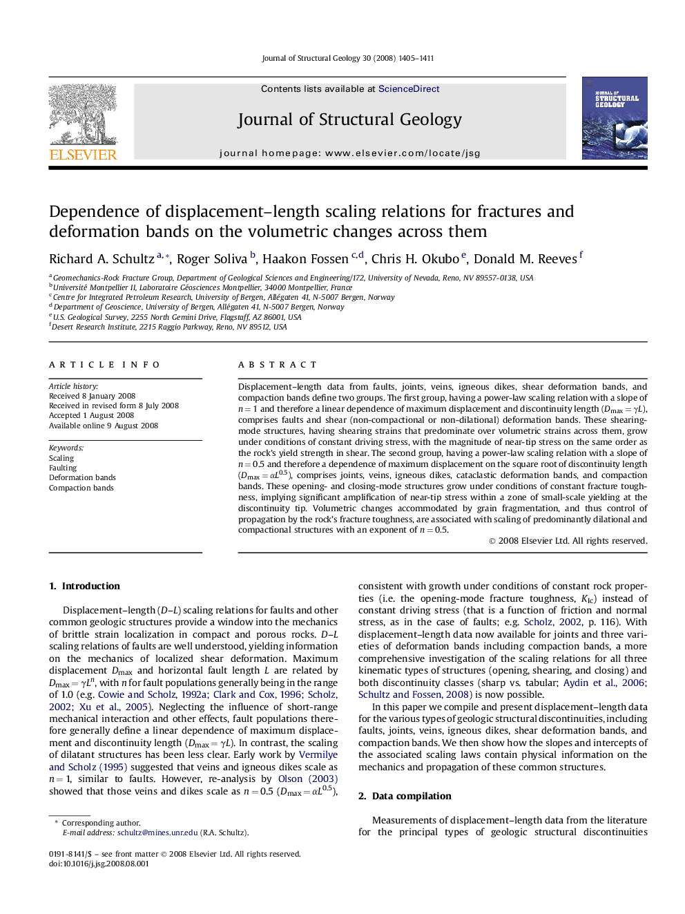 Dependence of displacement–length scaling relations for fractures and deformation bands on the volumetric changes across them