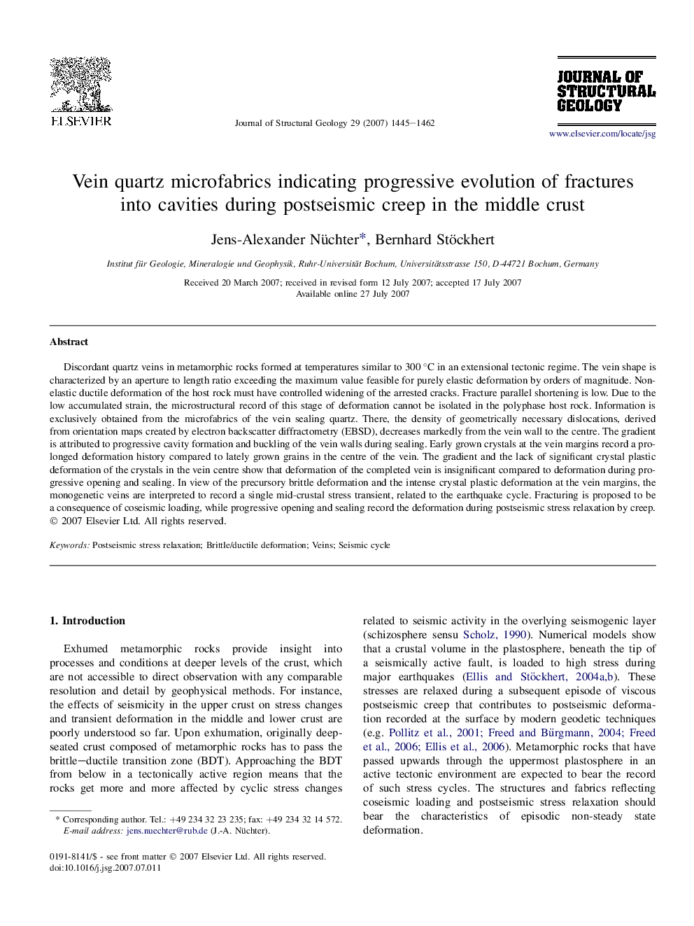 Vein quartz microfabrics indicating progressive evolution of fractures into cavities during postseismic creep in the middle crust