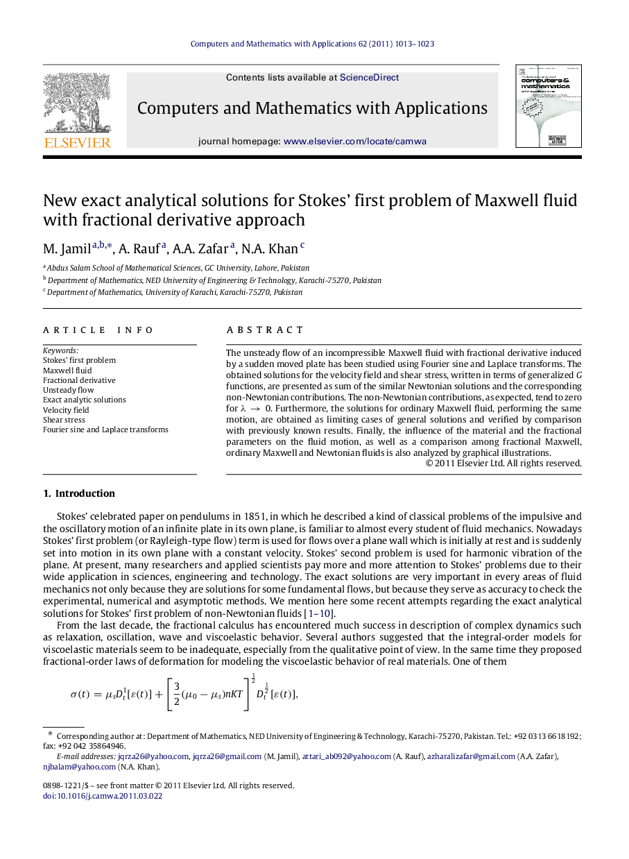 New exact analytical solutions for Stokes’ first problem of Maxwell fluid with fractional derivative approach