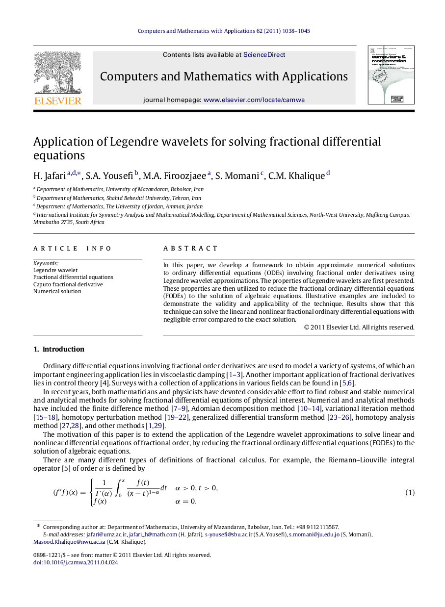 Application of Legendre wavelets for solving fractional differential equations