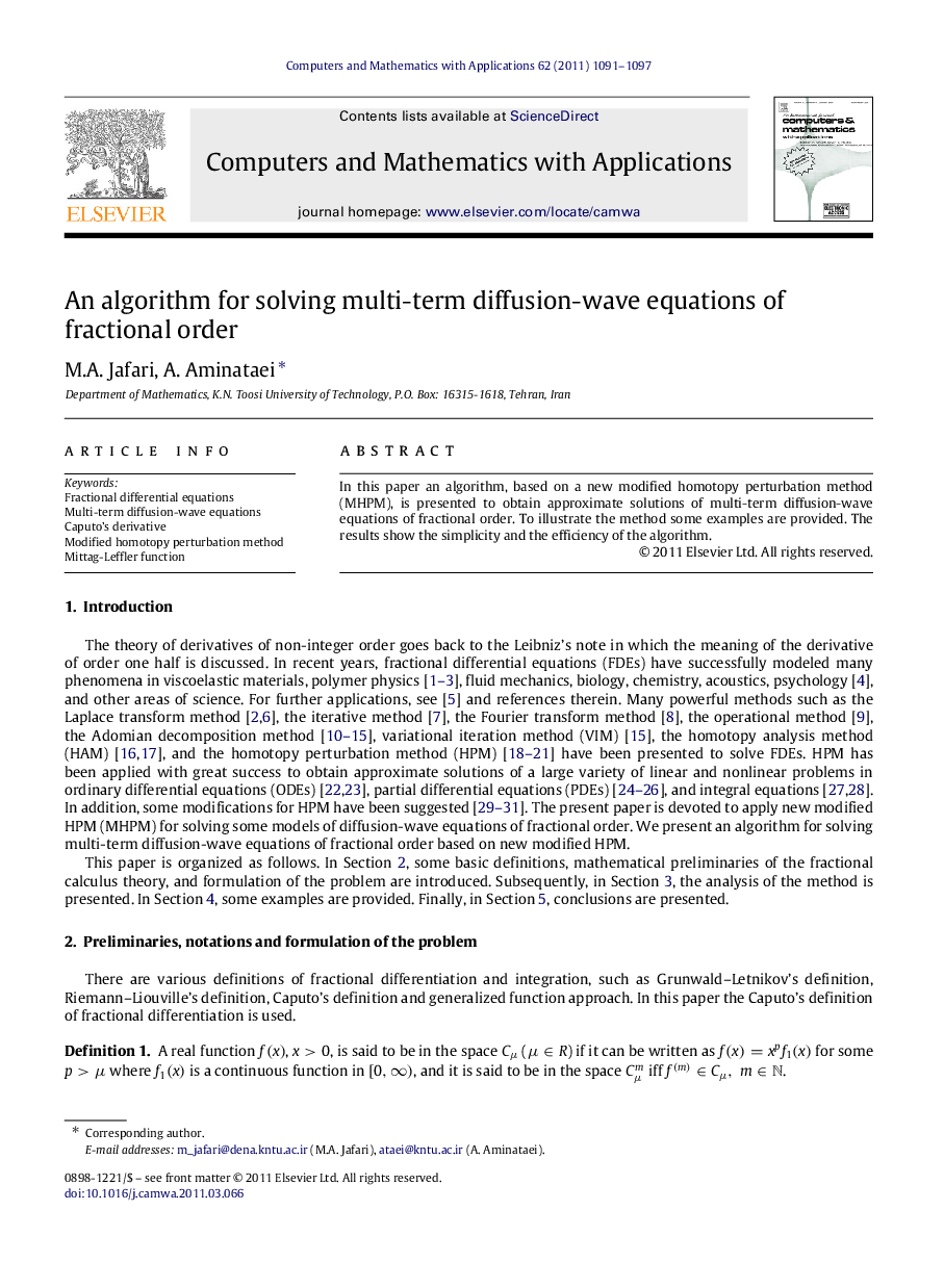 An algorithm for solving multi-term diffusion-wave equations of fractional order