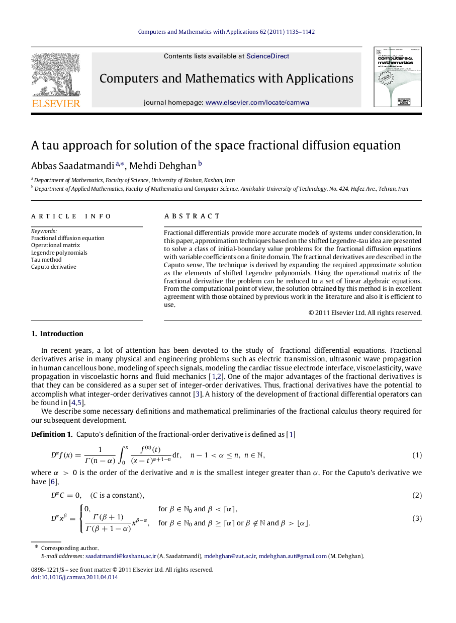 A tau approach for solution of the space fractional diffusion equation