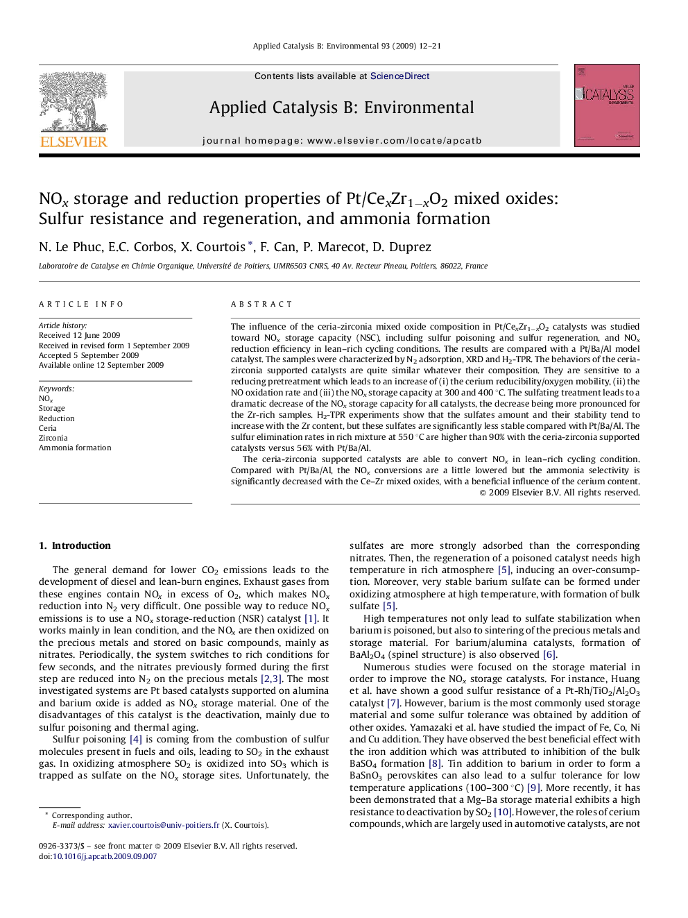 NOx storage and reduction properties of Pt/CexZr1−xO2 mixed oxides: Sulfur resistance and regeneration, and ammonia formation