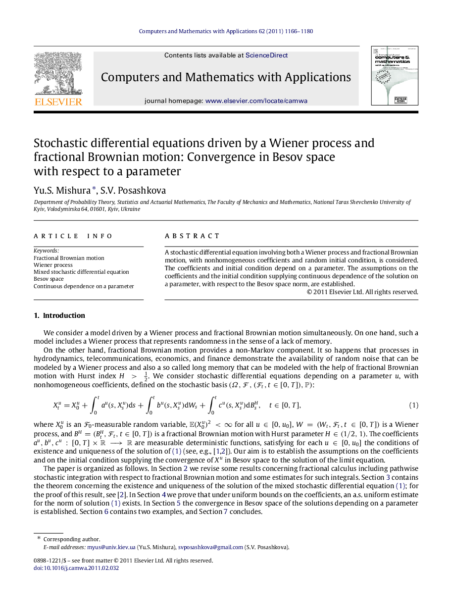 Stochastic differential equations driven by a Wiener process and fractional Brownian motion: Convergence in Besov space with respect to a parameter