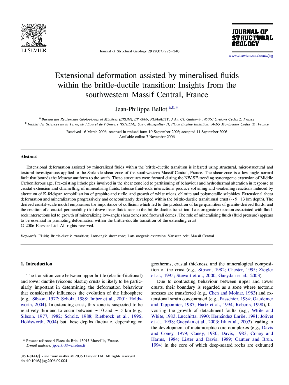 Extensional deformation assisted by mineralised fluids within the brittle-ductile transition: Insights from the southwestern Massif Central, France