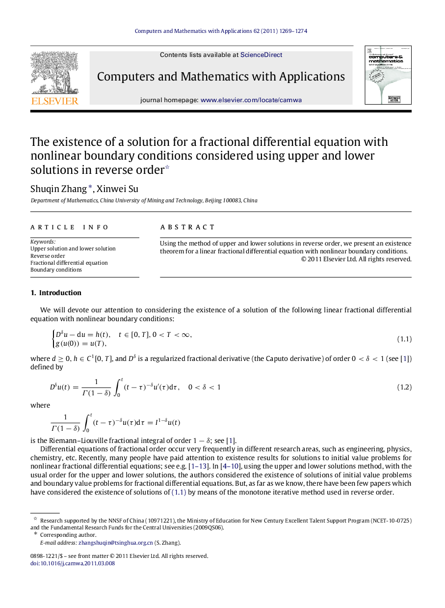 The existence of a solution for a fractional differential equation with nonlinear boundary conditions considered using upper and lower solutions in reverse order 