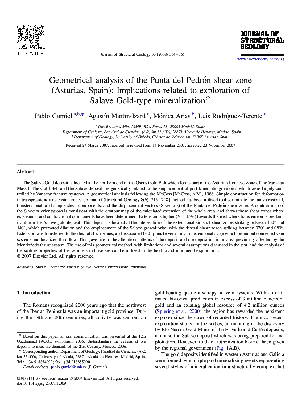 Geometrical analysis of the Punta del Pedrón shear zone (Asturias, Spain): Implications related to exploration of Salave Gold-type mineralization 