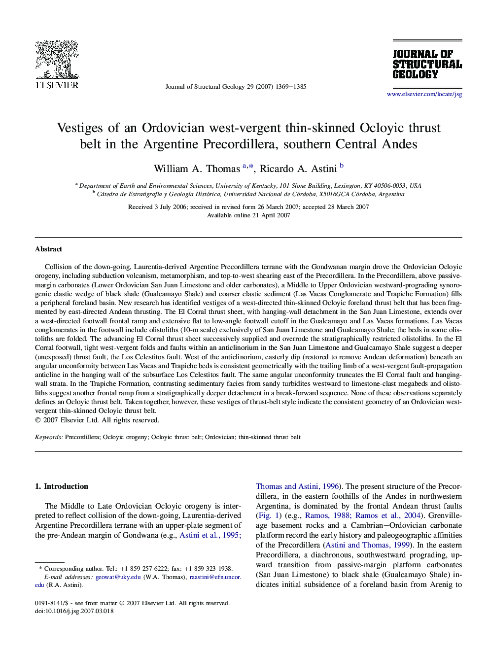 Vestiges of an Ordovician west-vergent thin-skinned Ocloyic thrust belt in the Argentine Precordillera, southern Central Andes